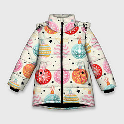 Куртка зимняя для девочки Разноцветные новогодние шары, цвет: 3D-черный
