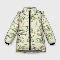 Куртка зимняя для девочки Веточки с зелеными листьями, цвет: 3D-светло-серый