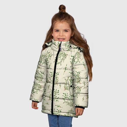 Зимняя куртка для девочки Веточки с зелеными листьями / 3D-Светло-серый – фото 3