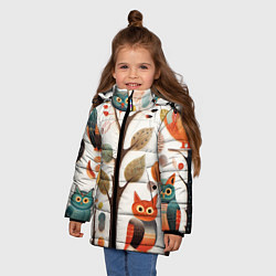 Куртка зимняя для девочки Совы в осеннем лесу в стиле фолк-арт, цвет: 3D-черный — фото 2