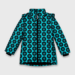 Куртка зимняя для девочки Стилизованные цветы чёрно-голубой, цвет: 3D-черный