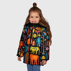 Куртка зимняя для девочки Африканский узор со слонами - нейросеть, цвет: 3D-черный — фото 2