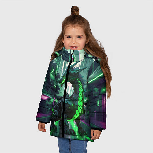 Зимняя куртка для девочки Неоновый зеленый дракон / 3D-Черный – фото 3