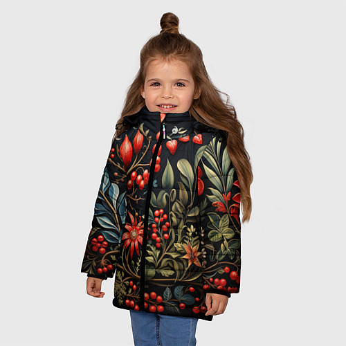 Зимняя куртка для девочки Новогодние ягоды и цветы / 3D-Светло-серый – фото 3