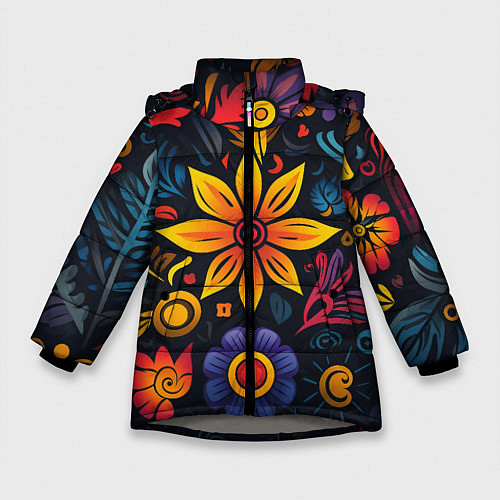 Зимняя куртка для девочки Растительный узор в латино-американском стиле / 3D-Светло-серый – фото 1