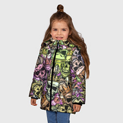 Куртка зимняя для девочки Разноцветные черепа с короной паттерн, цвет: 3D-светло-серый — фото 2
