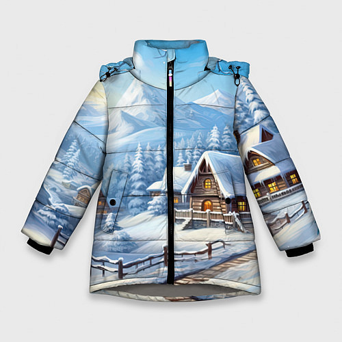 Зимняя куртка для девочки Новогодняя зимняя деревня / 3D-Светло-серый – фото 1