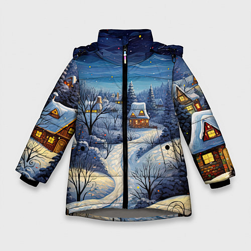 Зимняя куртка для девочки Деревня новогодняя / 3D-Светло-серый – фото 1