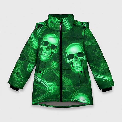 Зимняя куртка для девочки Зелёные черепа и кости / 3D-Светло-серый – фото 1