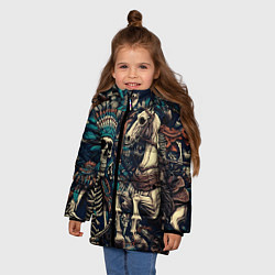 Куртка зимняя для девочки Татуировка скелета индейца и ковбоя в техасе, цвет: 3D-черный — фото 2