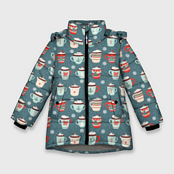 Куртка зимняя для девочки Новогодние зимние кружки с какао - паттерн от нейр, цвет: 3D-светло-серый