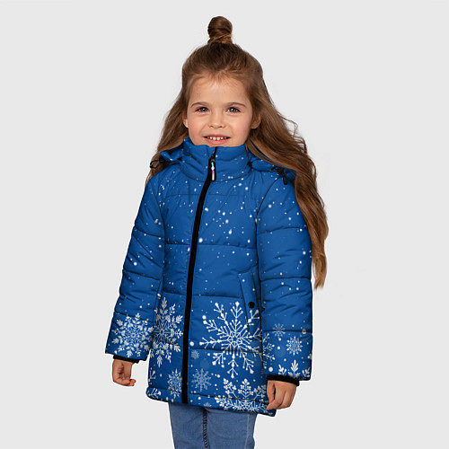 Зимняя куртка для девочки Текстура снежинок на синем фоне / 3D-Черный – фото 3