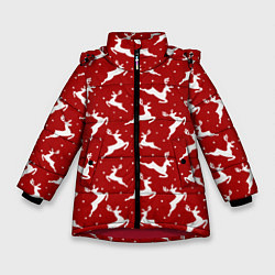 Куртка зимняя для девочки Красный паттерн с новогодними оленями, цвет: 3D-красный