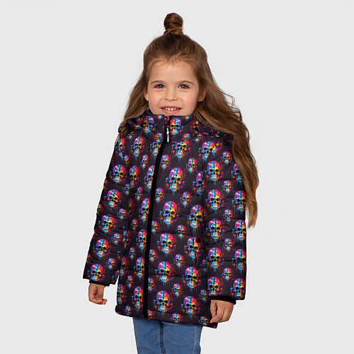 Зимняя куртка для девочки Череп покрытый стекающей краской паттерн / 3D-Черный – фото 3