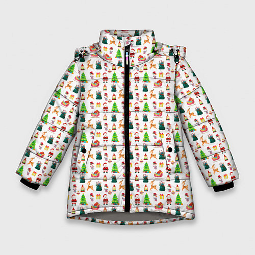 Зимняя куртка для девочки Дед Мороз и сани в лесу / 3D-Светло-серый – фото 1