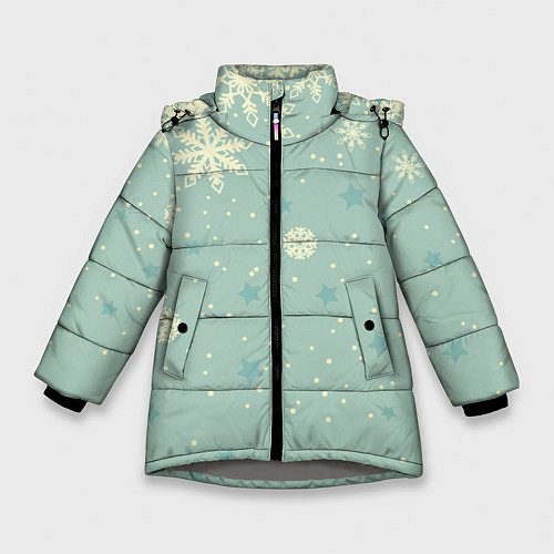 Зимняя куртка для девочки Снежинки и звезды на матно зеленем / 3D-Светло-серый – фото 1