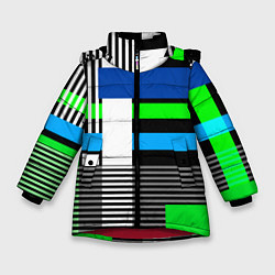 Зимняя куртка для девочки Геометрический узор сине -зеленый в стиле пэчворк