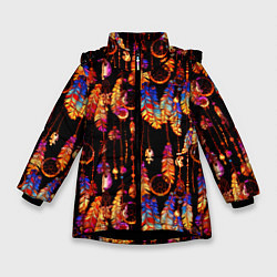Куртка зимняя для девочки Ловцы снов с яркими перьями, цвет: 3D-черный