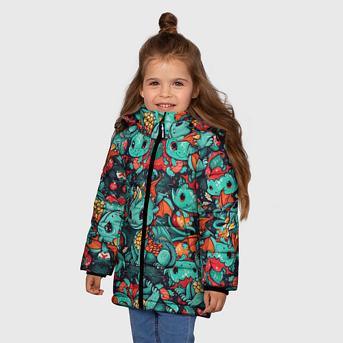 Зимняя куртка для девочки Драконы с ёлками / 3D-Черный – фото 3