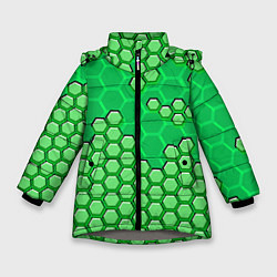 Куртка зимняя для девочки Зелёная энерго-броня из шестиугольников, цвет: 3D-светло-серый