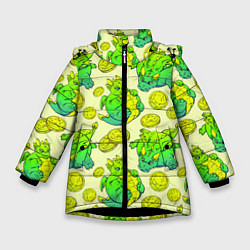 Зимняя куртка для девочки Круглые драконы с монетами, зеленый