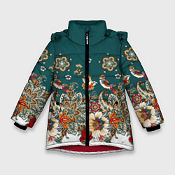 Куртка зимняя для девочки Индийский орнамент с птицами, цвет: 3D-красный