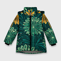 Куртка зимняя для девочки Одуванчики зеленая с желтым акцентом абстракция, цвет: 3D-светло-серый