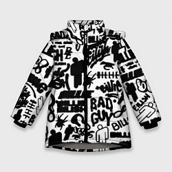 Куртка зимняя для девочки Билли Айлиш автографы черно белый, цвет: 3D-светло-серый