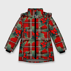 Куртка зимняя для девочки Остролист на красной шотландке, цвет: 3D-светло-серый
