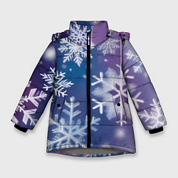 Куртка зимняя для девочки Снежинки на фиолетово-синем фоне, цвет: 3D-светло-серый