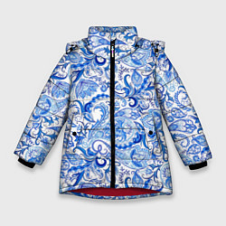 Куртка зимняя для девочки Гжельская роспись на белом фоне, цвет: 3D-красный