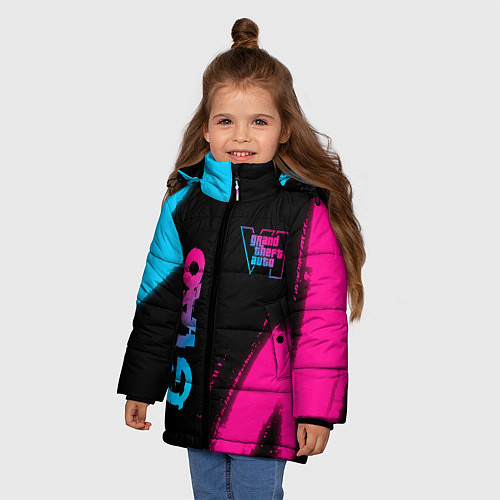 Зимняя куртка для девочки GTA6 - neon gradient вертикально / 3D-Черный – фото 3