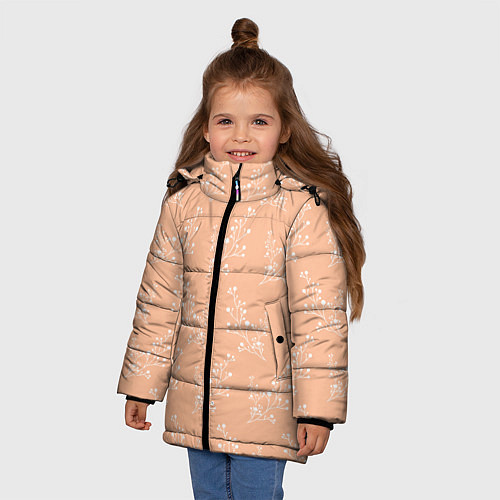 Зимняя куртка для девочки Белые ветки на персиковом фоне / 3D-Черный – фото 3