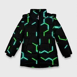 Куртка зимняя для девочки Зеленые неоновые неполные гексагоны, цвет: 3D-черный