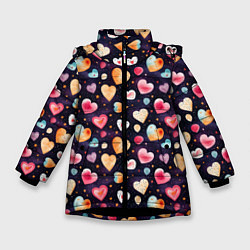 Куртка зимняя для девочки Паттерн с сердечками на Валентинов день, цвет: 3D-черный