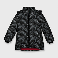 Куртка зимняя для девочки Черные драконы паттерн, цвет: 3D-красный