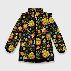 Куртка зимняя для девочки Хохломская роспись разноцветные цветы, цвет: 3D-черный