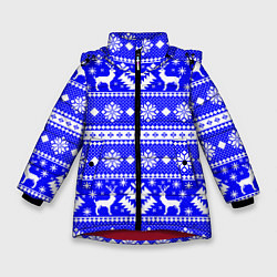 Зимняя куртка для девочки Новый год ели и олени на синем фоне