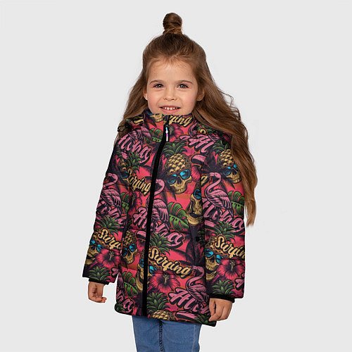Зимняя куртка для девочки Черепа из ананасов и розовые фламинго / 3D-Черный – фото 3