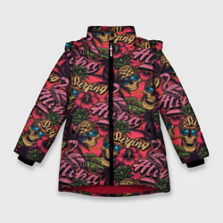 Куртка зимняя для девочки Черепа из ананасов и розовые фламинго, цвет: 3D-красный
