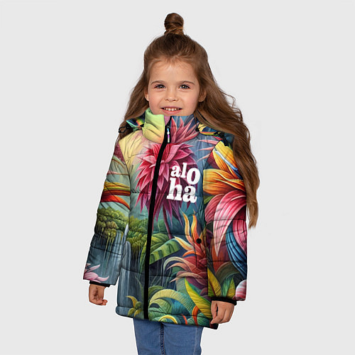 Зимняя куртка для девочки Гавайские тропические цветы - алоха / 3D-Светло-серый – фото 3