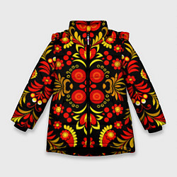 Куртка зимняя для девочки Хохломской народный орнамент - Россия, цвет: 3D-черный