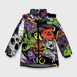 Куртка зимняя для девочки Страшно веселые монстры, цвет: 3D-светло-серый