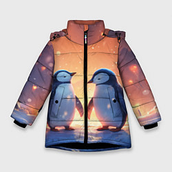 Куртка зимняя для девочки Романтичная пара пингвинов, цвет: 3D-черный