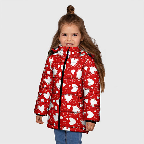 Зимняя куртка для девочки Белые сердечки на красном фоне / 3D-Черный – фото 3