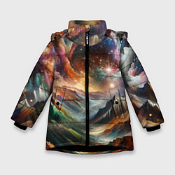 Куртка зимняя для девочки Горы и блеск, цвет: 3D-черный