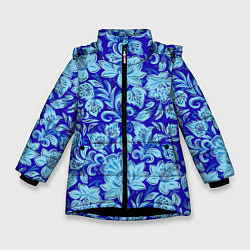 Куртка зимняя для девочки Узоры гжель на темно синем фоне, цвет: 3D-черный