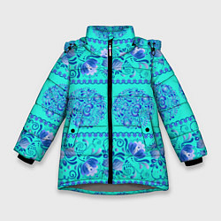 Куртка зимняя для девочки Гжель на бирюзовом фоне, цвет: 3D-светло-серый