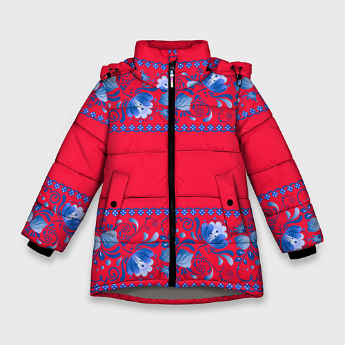 Зимняя куртка для девочки Голубая гжель на красном фоне / 3D-Светло-серый – фото 1