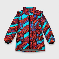 Куртка зимняя для девочки Красные фрагменты на голубом фоне, цвет: 3D-светло-серый